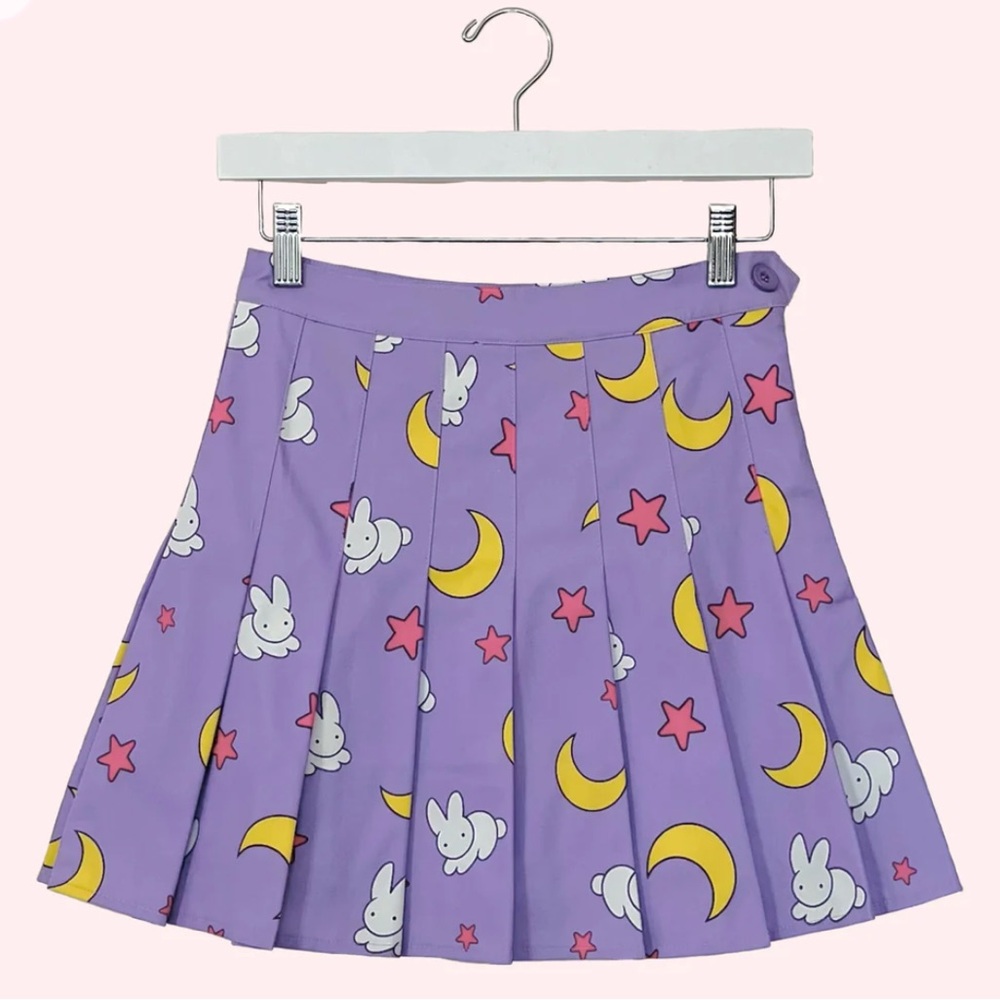 Sailor Moon Anime Inspired Purple Pleated Skirt with Moon and Bunny Print
